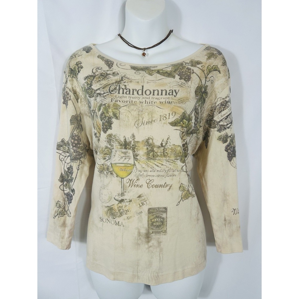 Vintage Art Nouveau Wine Y2K All‎ Over Print 3/4 Sleeve Top Size 1X 90s Boho Art